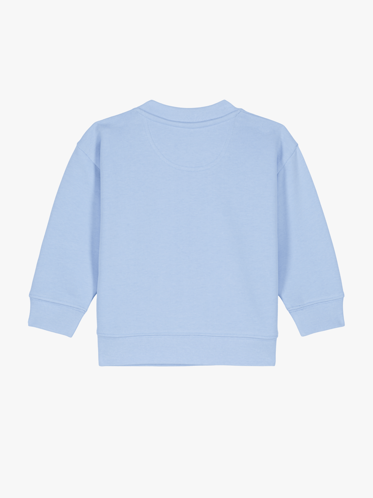 Personalisierbarer Bio-Pullover (0–3 J.) 'Geschenke': Personalisiertes Geschenk zu Weihnachten - Rückansicht in Himmelblau