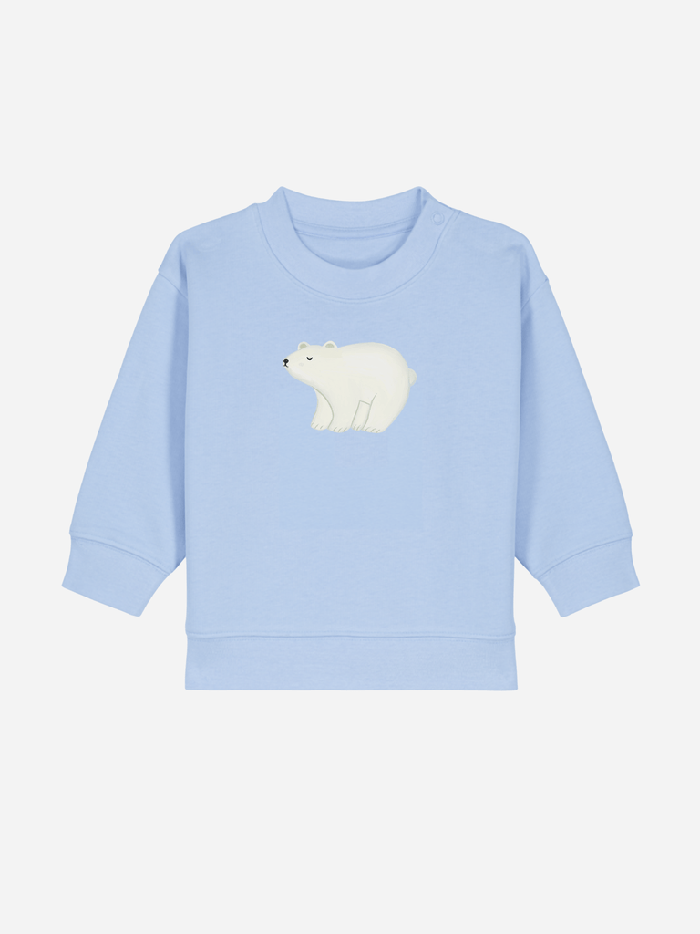 Personalisierbarer blauer Bio-Pullover für Babys mit Eisbär-Motiv und Platz für Wunschtext.