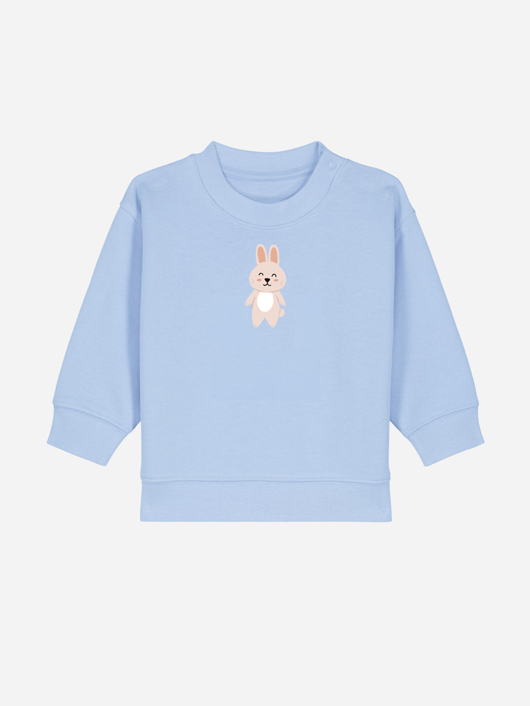 Personalisierbarer blauer Bio-Pullover für Kinder mit niedlichem Hasenmotiv, ideal als Ostergeschenk.
