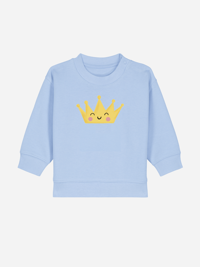 Personalisierbarer blauer Bio-Pullover für Babys mit fröhlicher Krone, ideal als Geschenk für Jungen und Mädchen.