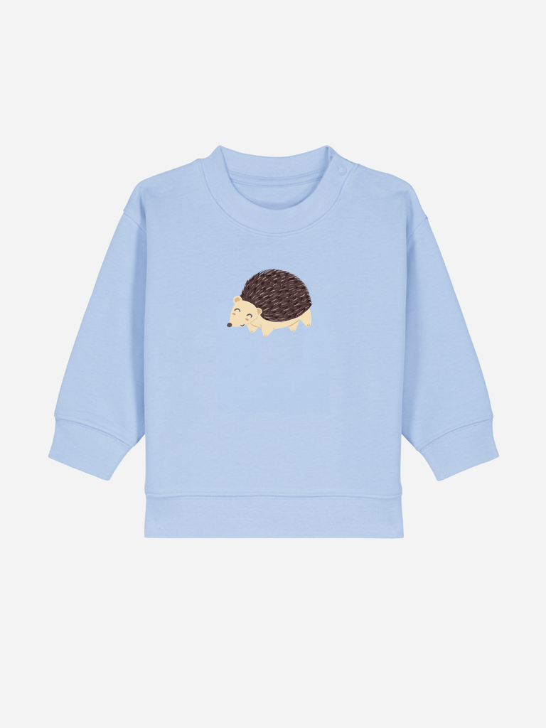 Personalisierbarer Bio-Pullover für Babys in Blau mit Igel-Motiv, ideal als einzigartiges Geschenk.