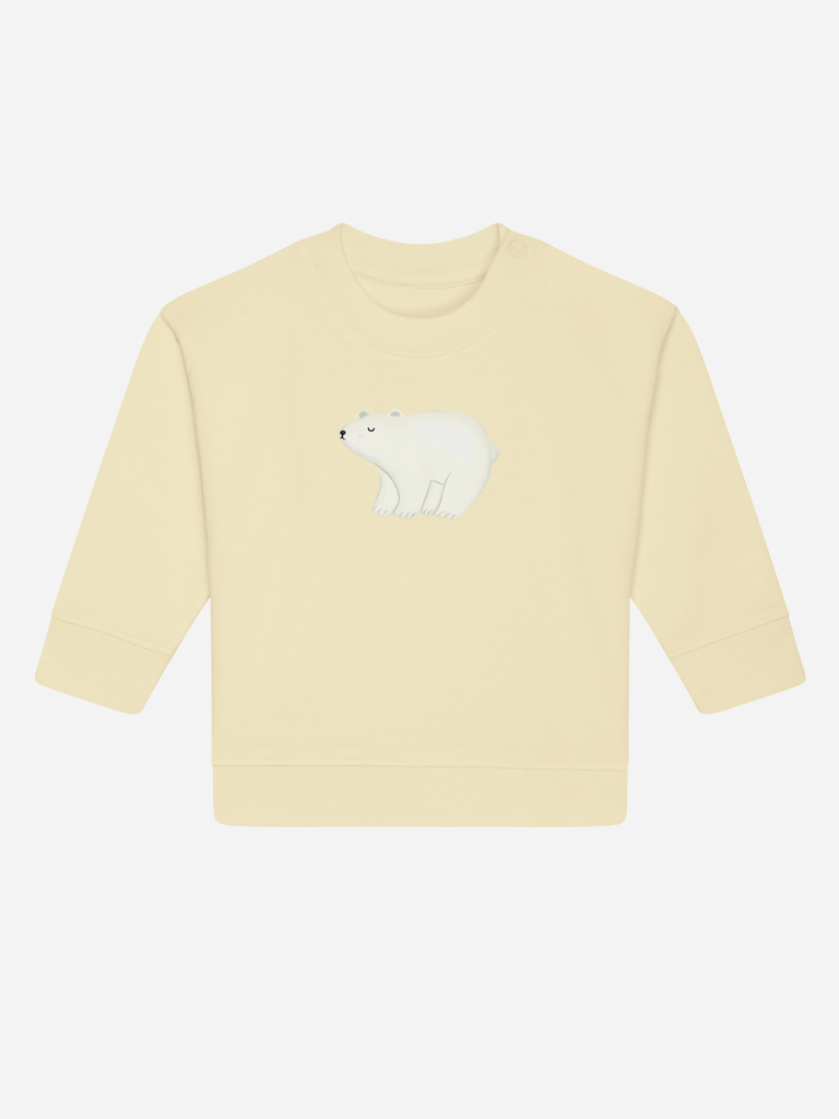 Personalisierbarer Bio-Pullover für Babys, gelb mit Eisbär-Motiv, ideal als bleibendes Babygeschenk.
