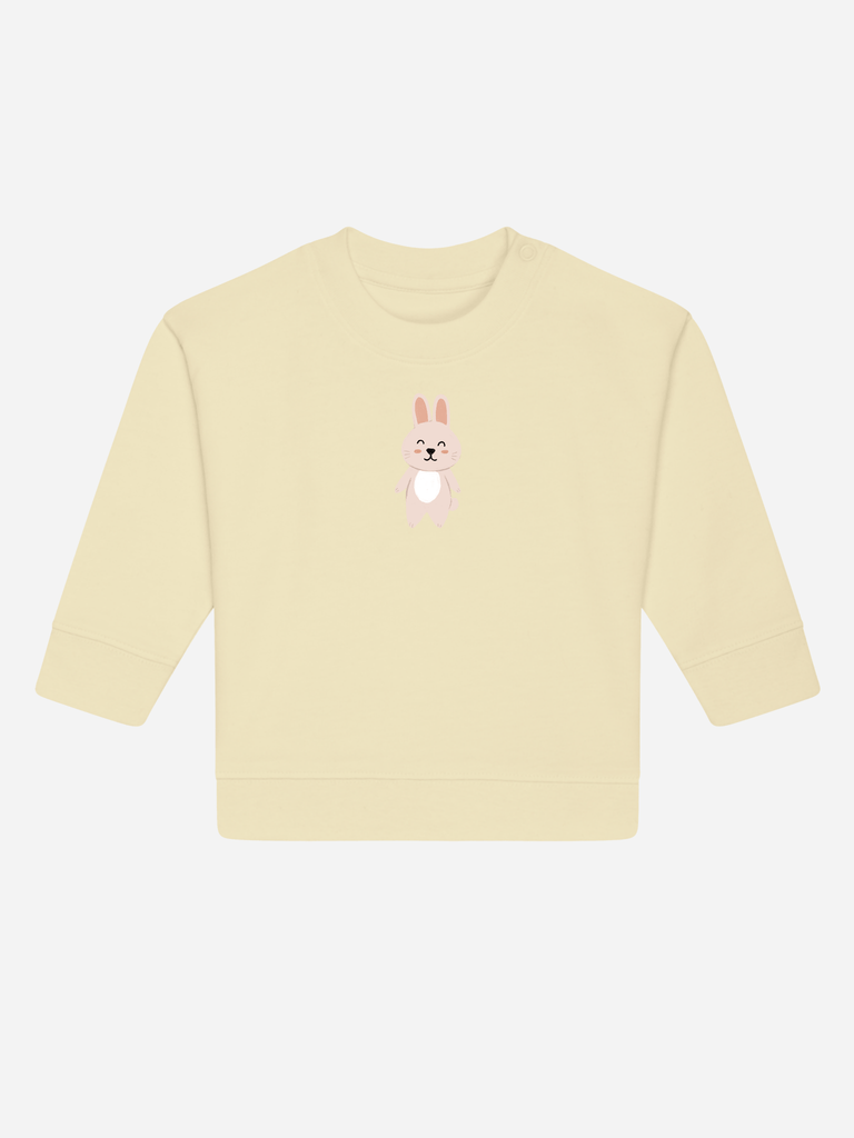 Personalisierbarer Bio-Pullover für Kinder mit süßem Hase-Design in hellem Gelb, ideal für Ostern.