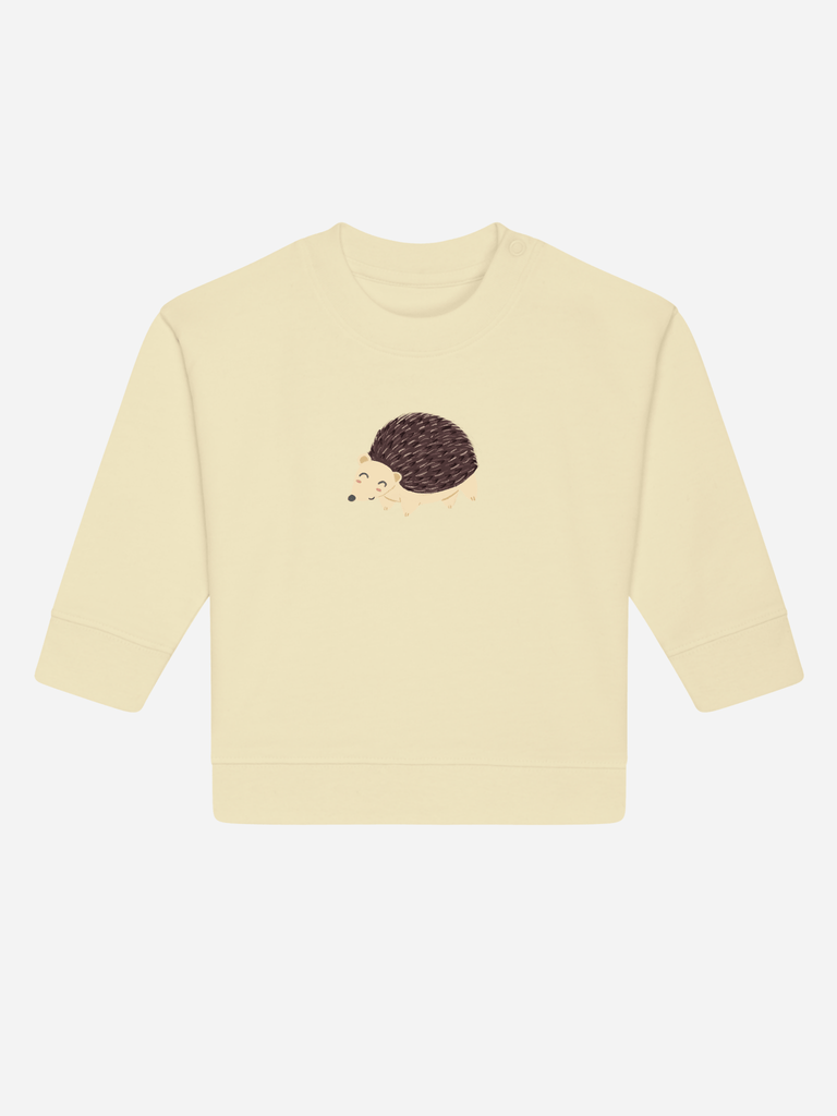 Personalisierbarer Bio-Pullover für Babys in Beige mit süßem Igel-Motiv, ideal als originelles Geschenk.