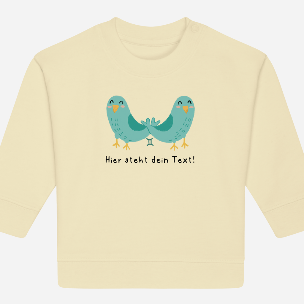 Personalisierbarer Bio-Sweater Motiv 'Sternzeichen Zwilling' – Geschenk zur Geburt, Taufe oder zum 1. Geburtstag 