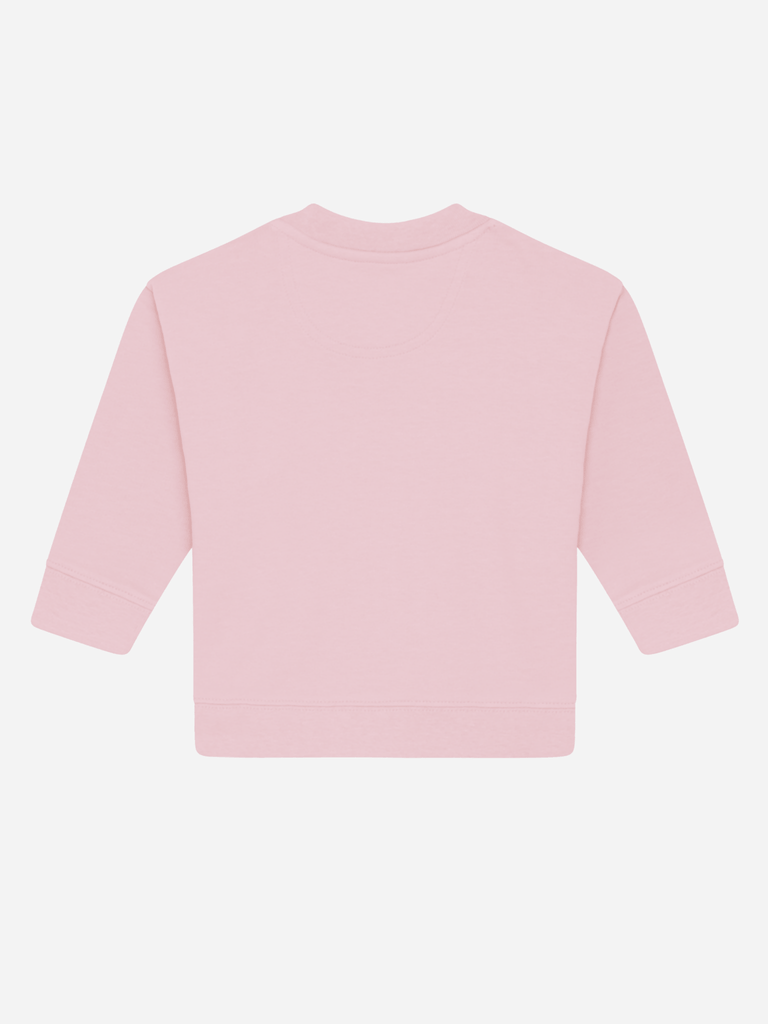 Rückansicht eines personalisierbaren Bio-Pullovers für Babys in zartem Rosa.