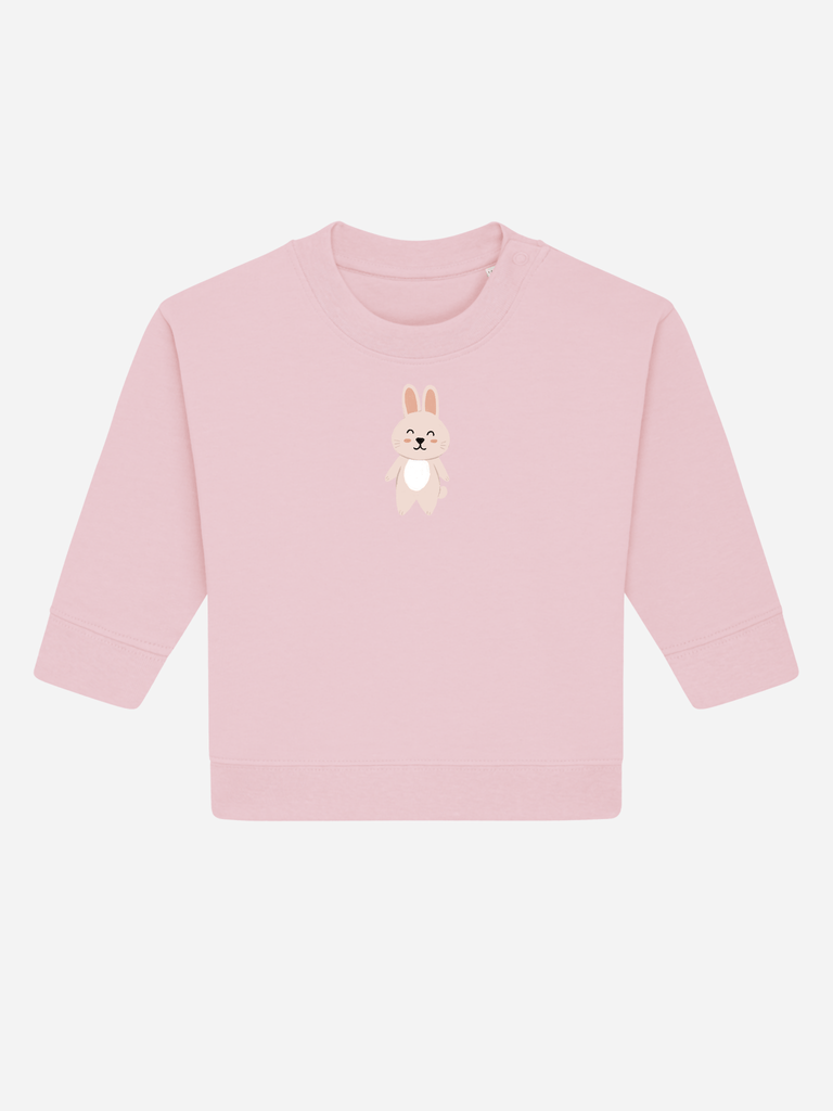 Personalisierbarer rosa Bio-Pullover für Kinder mit Hase-Motiv, ideal als Ostergeschenk.