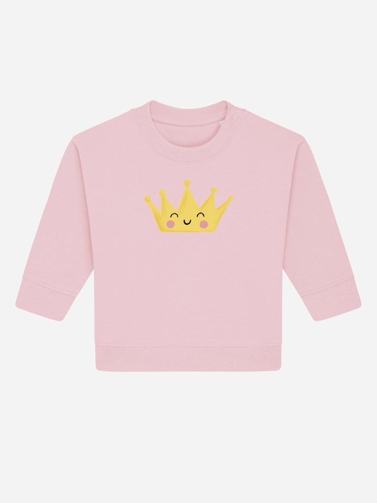 Personalisierbarer rosa Bio-Pullover für Kleinkinder mit einer lächelnden Krone auf der Vorderseite.
