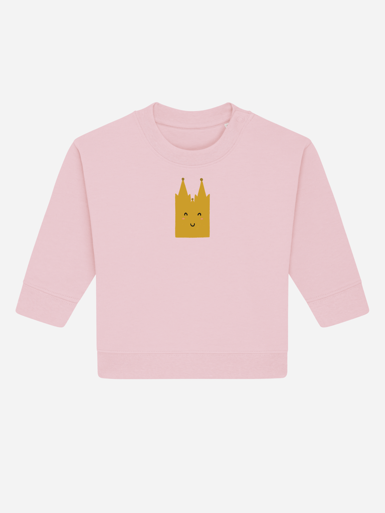 Personalisierbarer Bio-Pullover für Kinder mit Kölner Dom-Motiv in zartem Rosa.