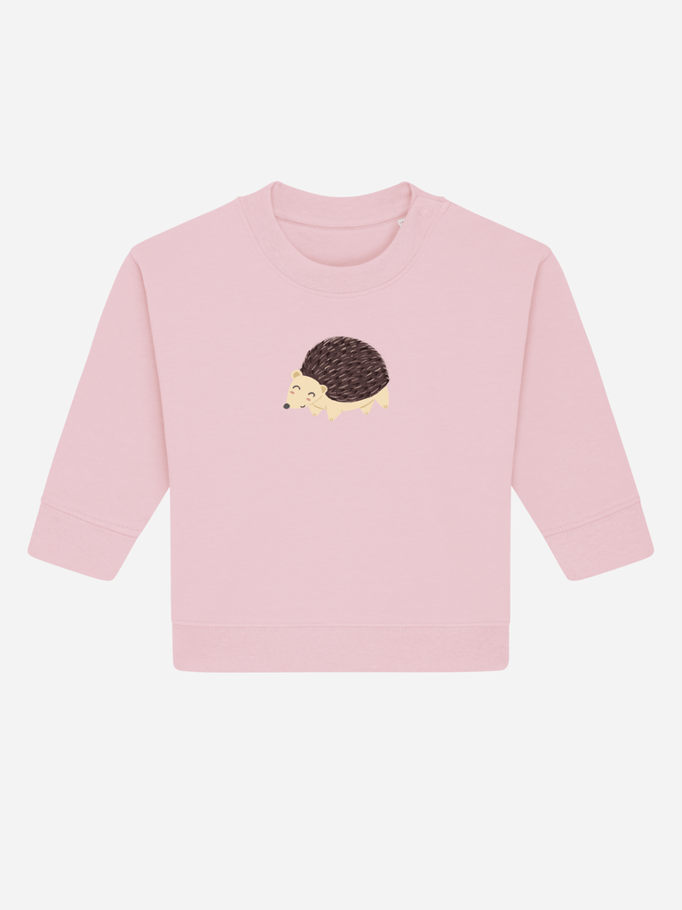 Personalisierbarer baby-pullover in rosa mit niedlichem Igel-Motiv für herbstliche Spaziergänge.