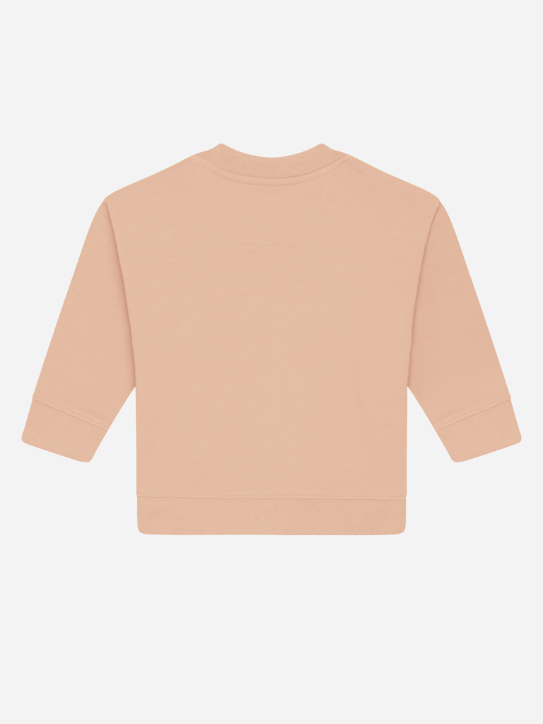 Rückansicht eines personalisierten, nachhaltigen kinderfreundlichen Sweaters in pfirsichfarben.