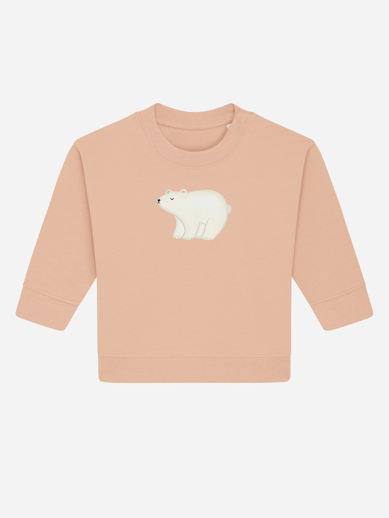 Personalisierbarer Bio-Pullover für Babys (0-3 J.) mit Eisbär-Motiv in zartem Pfirsichfarbton.