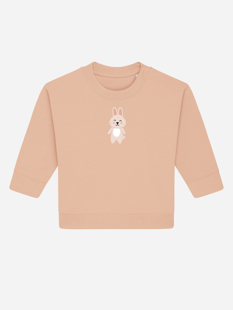 Personalisierbarer Bio-Pullover für Kinder mit niedlichem Hasenmotiv in Rosa für Ostern.