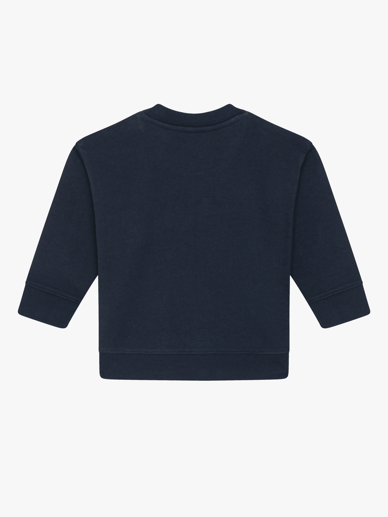 Personalisierbarer Bio-Pullover (0–3 J.) 'Geschenke': Personalisiertes Geschenk zu Weihnachten - Rückansicht in navy.