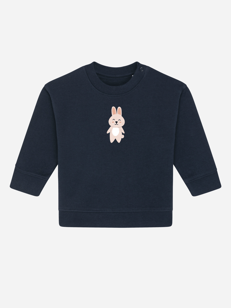 Personalisierbarer Bio-Pullover für Kinder mit Hase-Design, ideal als Geschenk zu Ostern.