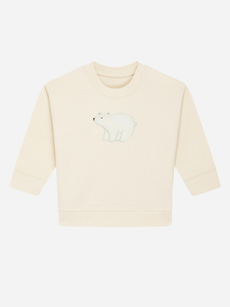 Personalisierbarer Bio-Pullover für Babys mit Eisbär-Motiv, ideal als warmes Geschenk für kalte Tage.