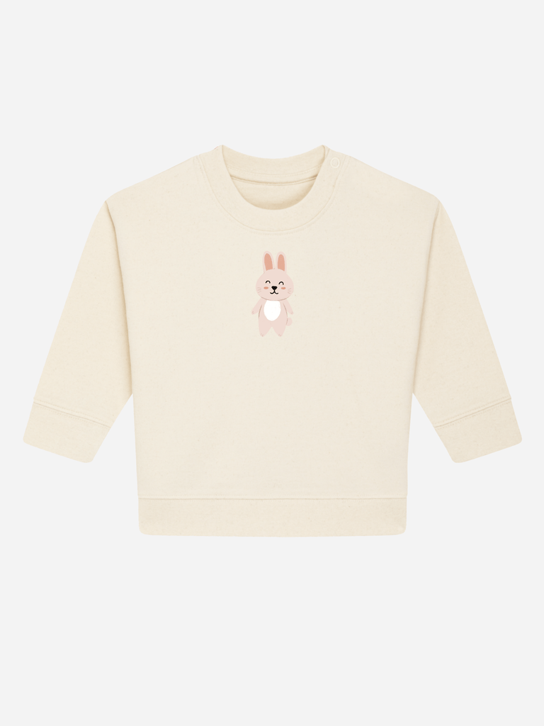 Personalisierbarer Bio-Pullover für Kinder mit niedlichem Häschen-Motiv, ideal als Ostergeschenk.