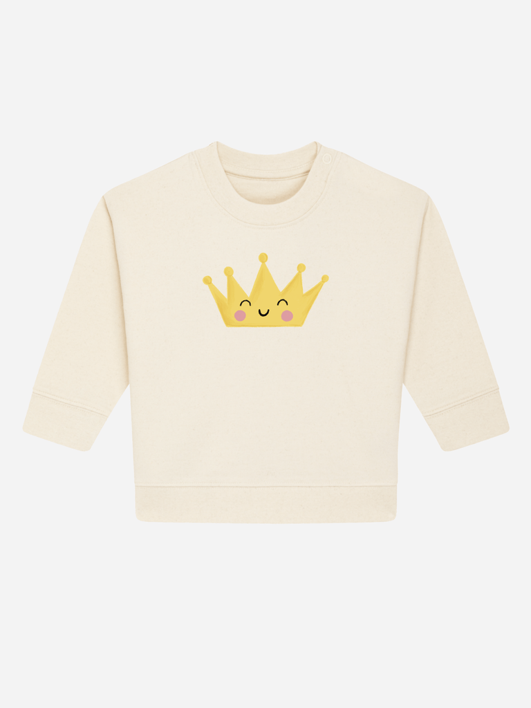 Personalisierbarer Bio-Pullover für Babys mit fröhlichem Kronenmotiv, ideal als Geschenk für besondere Anlässe.