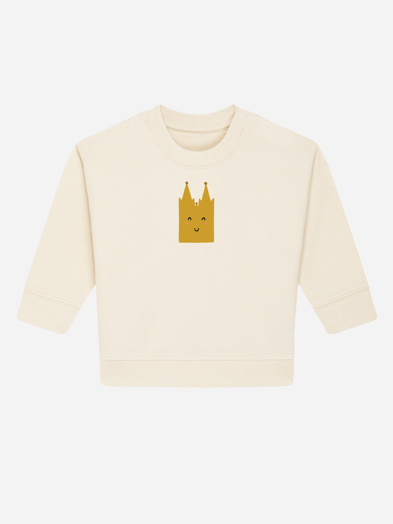 Personalisierbarer Bio-Pullover für Babys mit Kölner Dom-Motiv, ideal als Geschenk für kleine Kölner.