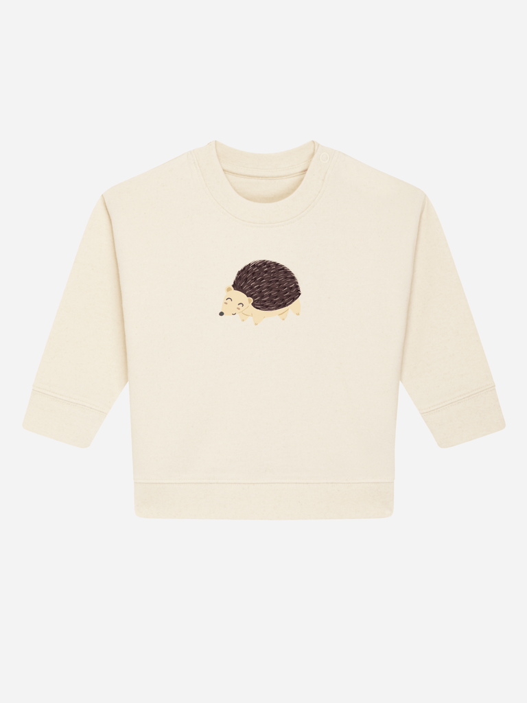 Personalisierbarer Bio-Pullover für Babys (0–3 J.) mit Igel-Motiv in Cremefarbe.