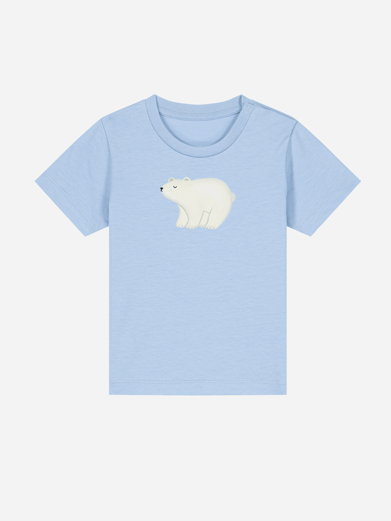 Personalisierbares Bio-T-Shirt für Babys, blaue Farbe mit niedlichem Eisbären-Motiv, ideal als Geschenk für Winterkinder.