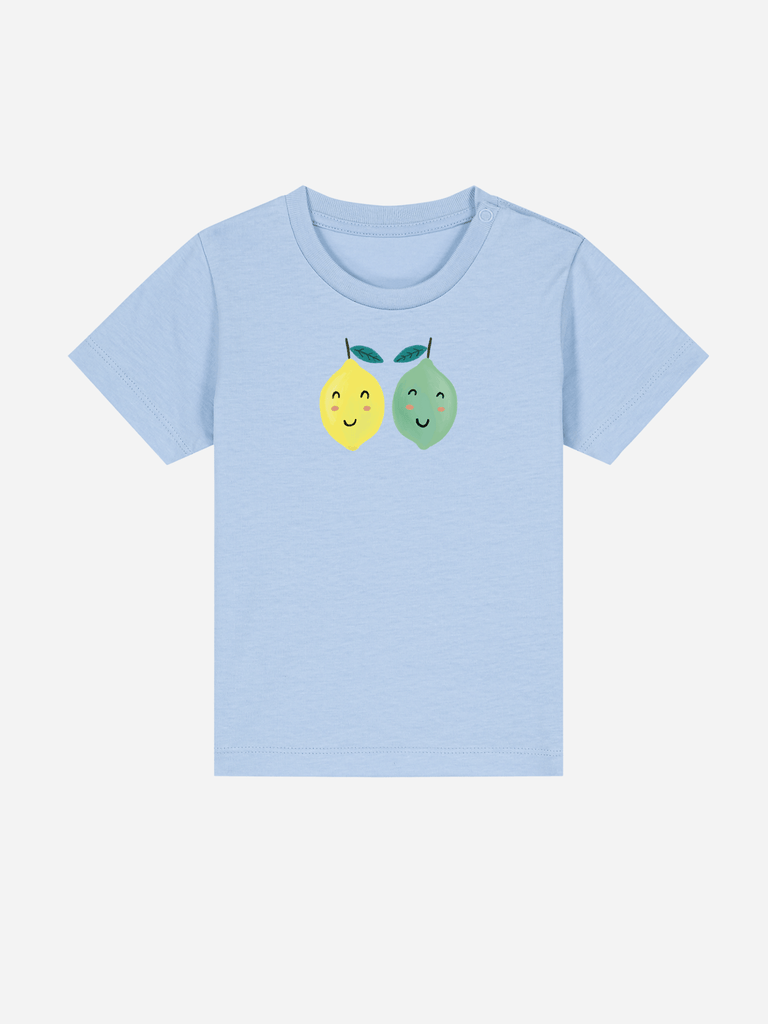 Bio-Kleinkind T-Shirt 'Zitrone/Limette' - personalisierbar Farbe: Hellblau Vorderansicht