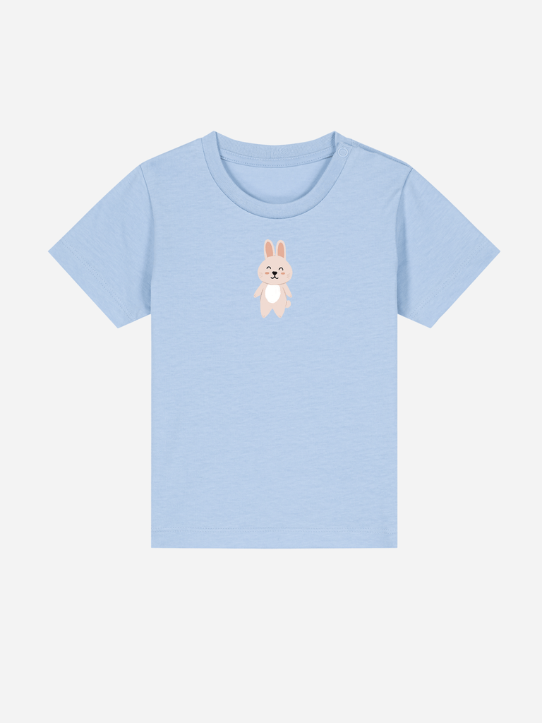 Personalisierbares Bio-T-Shirt für Kinder mit einem süßen Hasenmotiv, ideal als Geschenk zur Taufe oder Geburt.