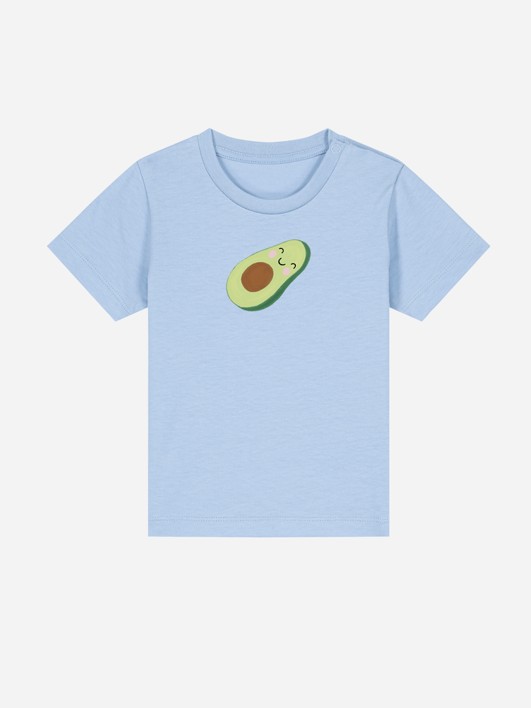 Personalisierbares Bio-T-Shirt für Babys in Blau mit fröhlichem Avocado-Motiv, ideal für warme Tage.