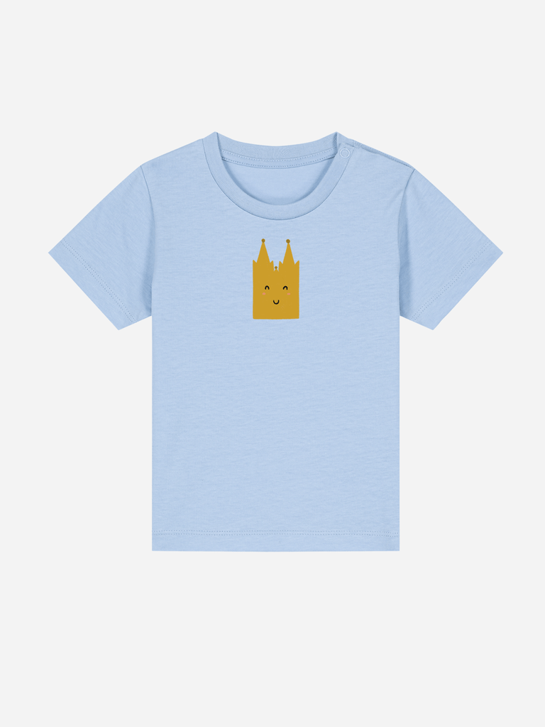 Personalisierbares Bio-T-Shirt für Kinder mit lächelndem Kölner Dom-Motiv in Himmelblau.