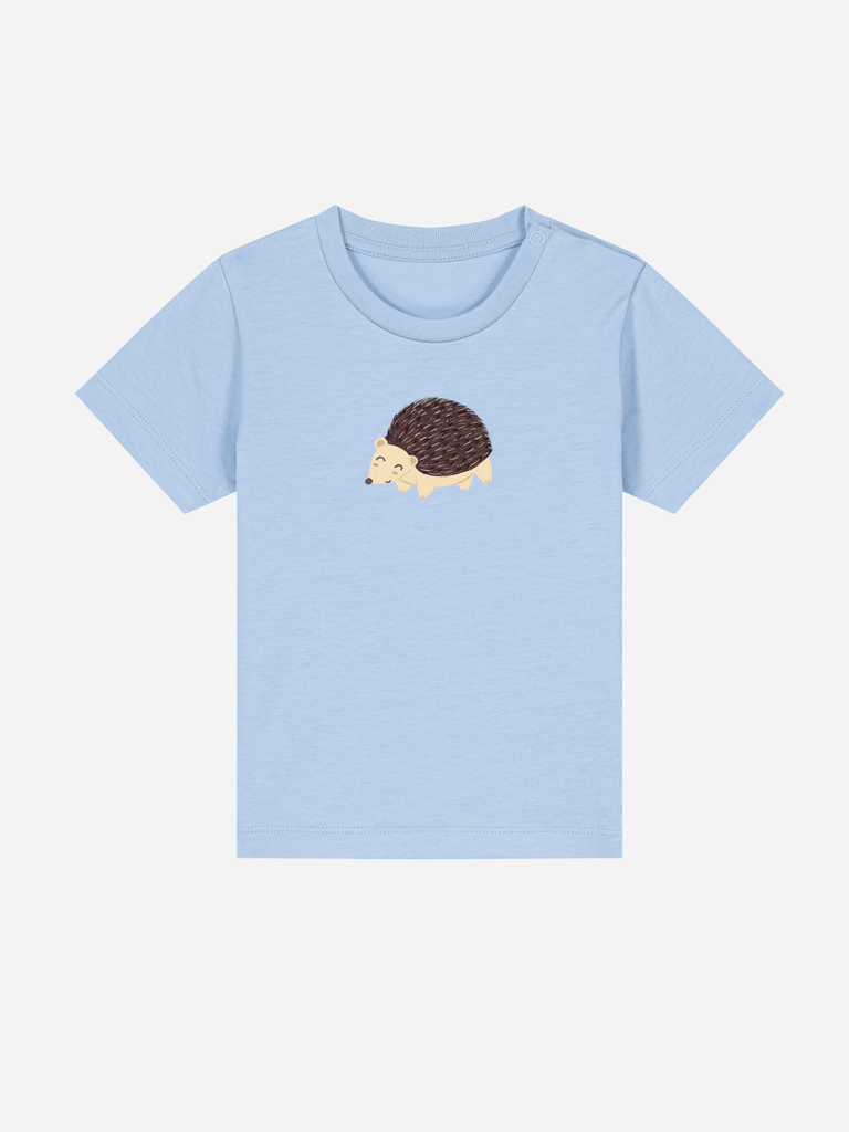 Personalisierbares Bio-T-Shirt für Kinder mit süßem Igel-Motiv in zartem Blau, ideal als Babygeschenk.