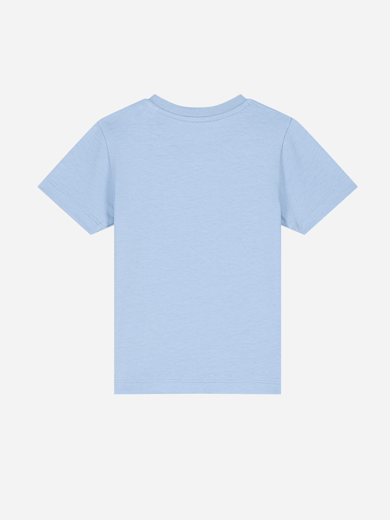 Rückansicht eines personalisierbaren Bio-T-Shirts in sanftem Blau für Babys (0-3 Jahre), ideal für warme Tage.