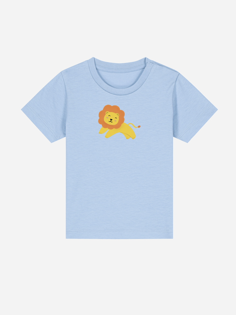 Personalisierbares Bio-T-Shirt in Hellblau mit Löwenmotiv für Kinder von 0–3 Jahren.