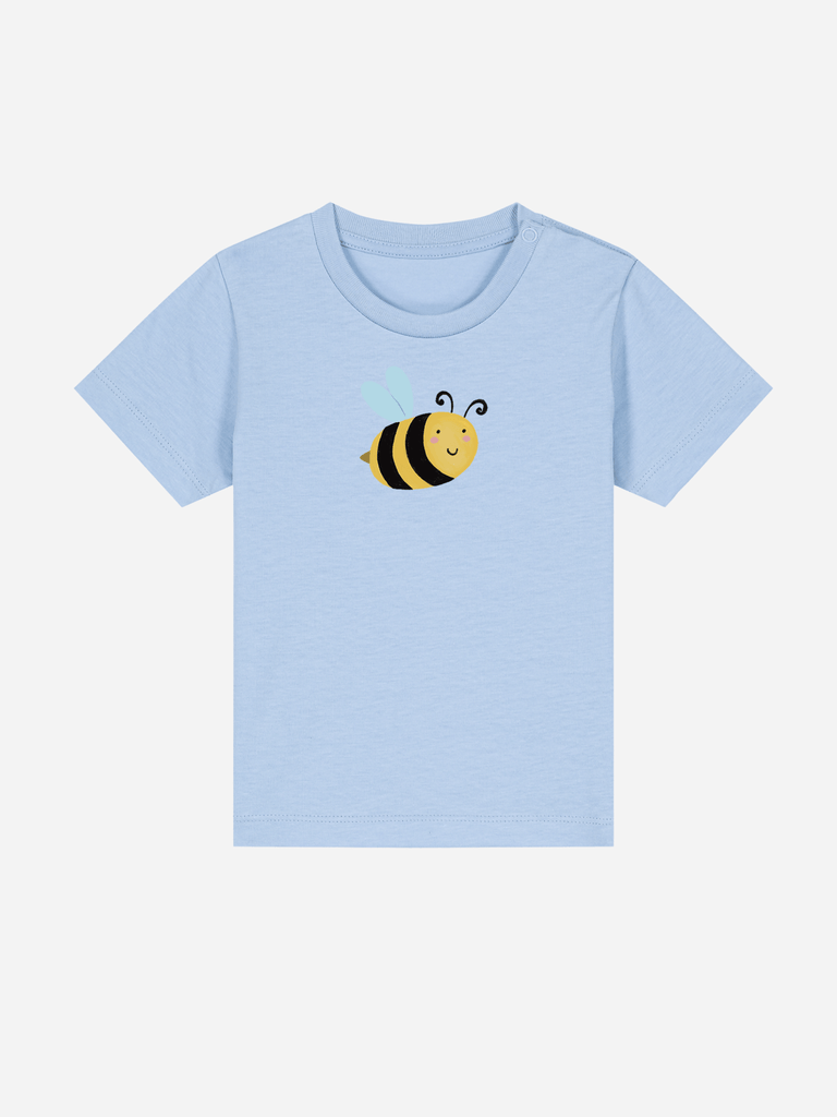 Personalisierbares Bio-T-Shirt (0–3 J.) 'Biene' in Blau mit lustigem Bienchen-Motiv.