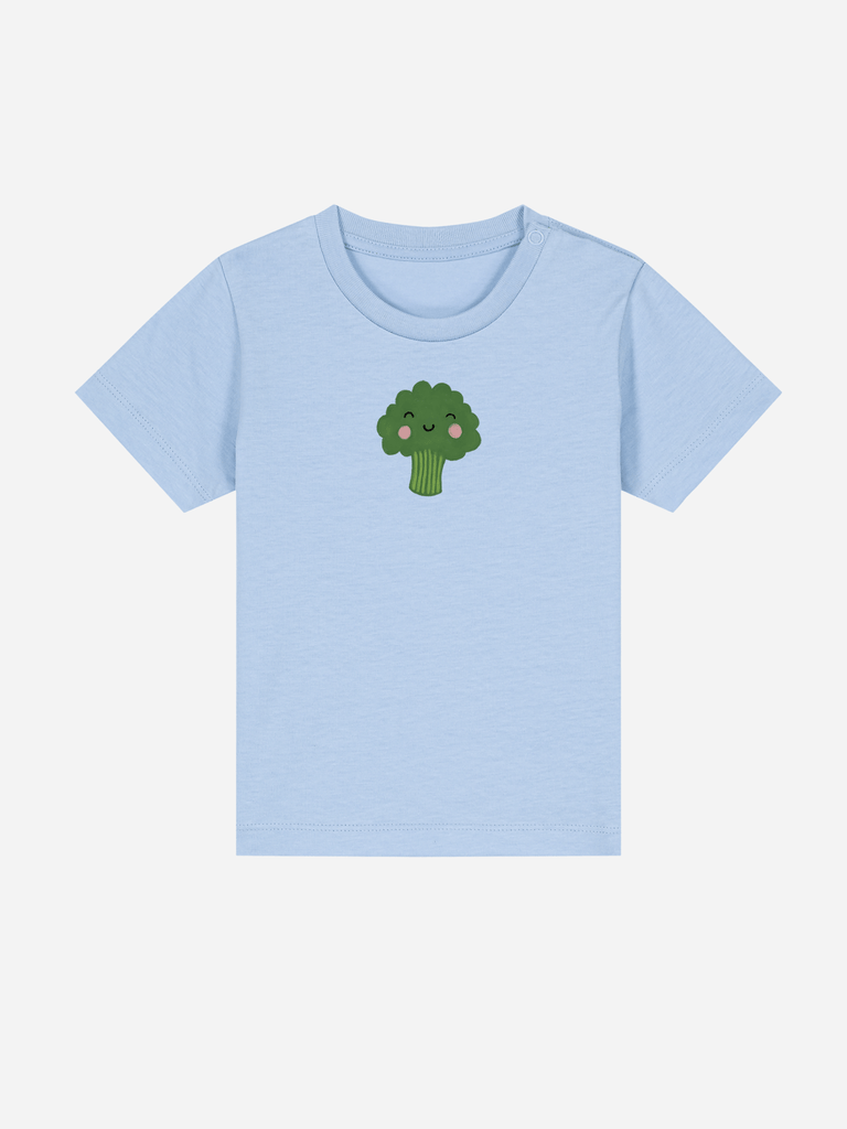 Personalisierbares Bio-T-Shirt (0–3 J.) in Blau mit niedlichem Brokkoli-Motiv für Veggiefans.