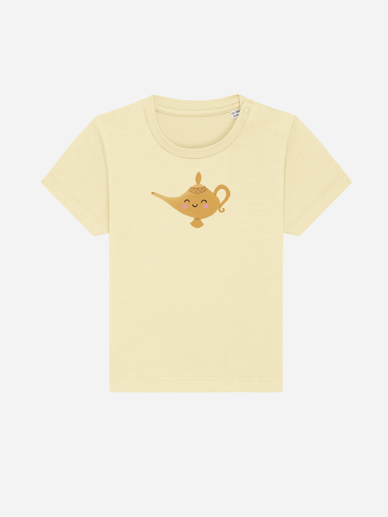 Personalisierbares Bio-T-Shirt für Kinder mit einer süßen 'Wunderlampe'-Illustration in Gelb.