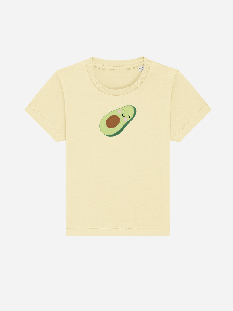 Personalisierbares Bio-T-Shirt für Babys in Gelb mit Avocado-Motiv, ideal für warme Tage.