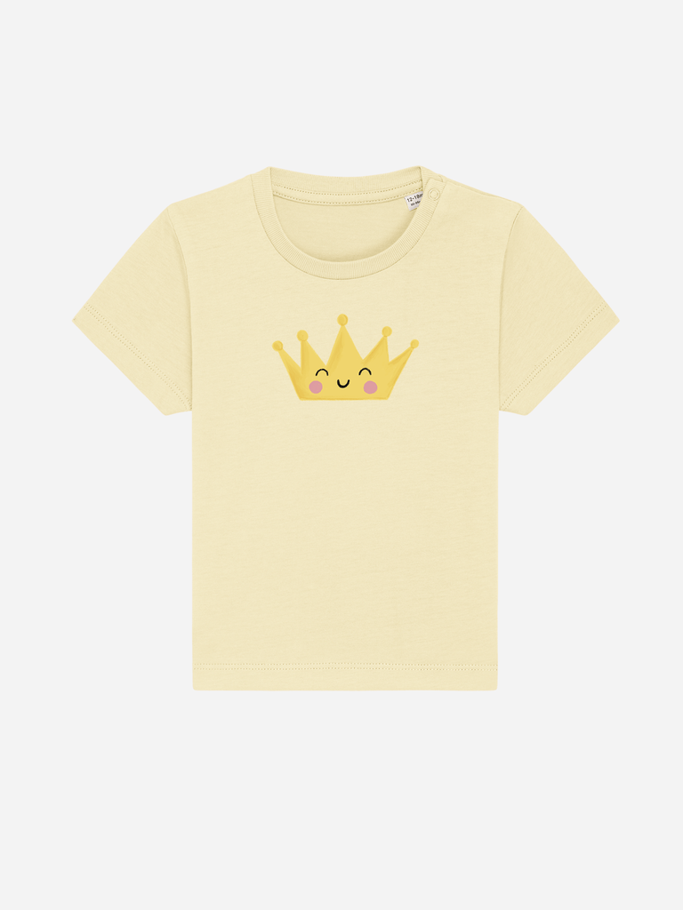 Personalisierbares Bio-T-Shirt für Kleinkinder mit fröhlichem Kronen-Motiv in Gelb.