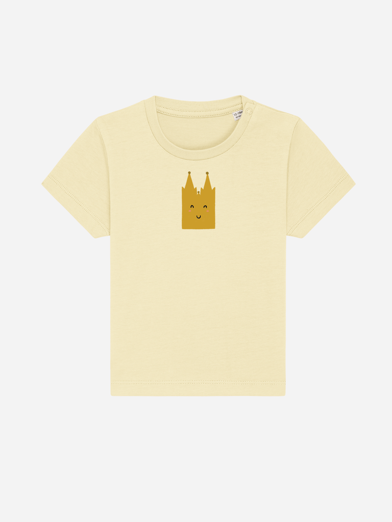 Personalisierbares Bio-T-Shirt für Kinder mit Kölner Dom Motiv in hellem Gelb.