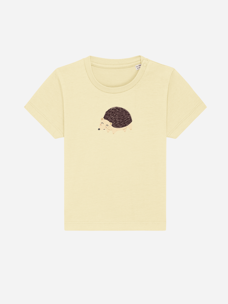 Personalisierbares Bio-T-Shirt für Babys mit süßem Igel-Motiv in hellem Gelb, ideal als Geschenk.