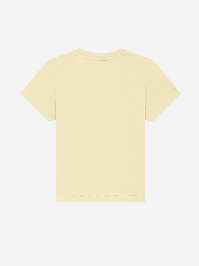 Rückansicht eines personalisierbaren Bio-T-Shirts für Kinder in hellem Gelb.