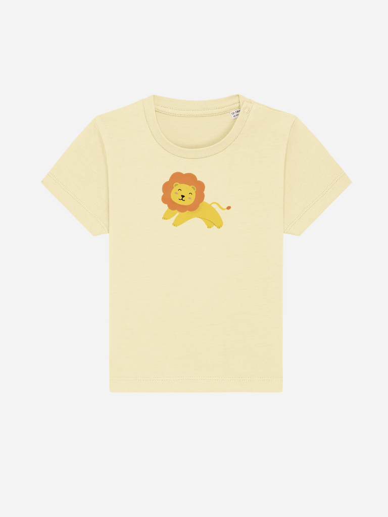 Personalisierbares Bio-T-Shirt für Babys in Gelb mit Löwen-Design, ideal als individuelles Geschenk.