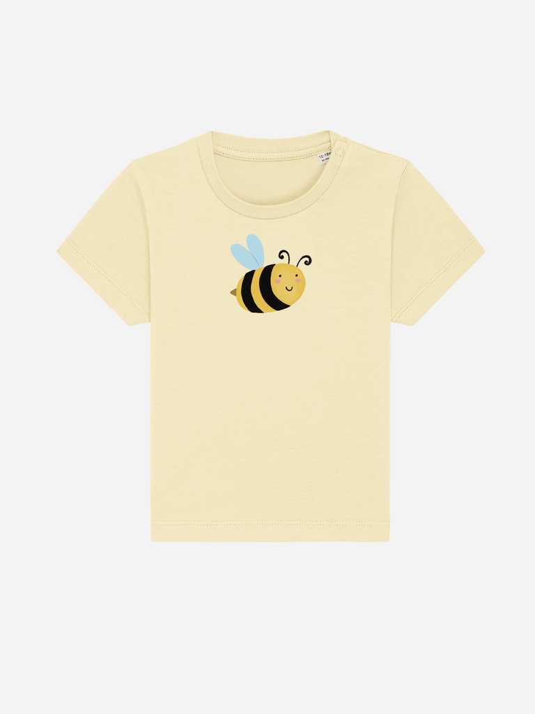 Personalisierbares Bio-T-Shirt (0–3 J.) mit süßem Bienen-Motiv in sanftem Gelb, ideal für den Kita-Start.