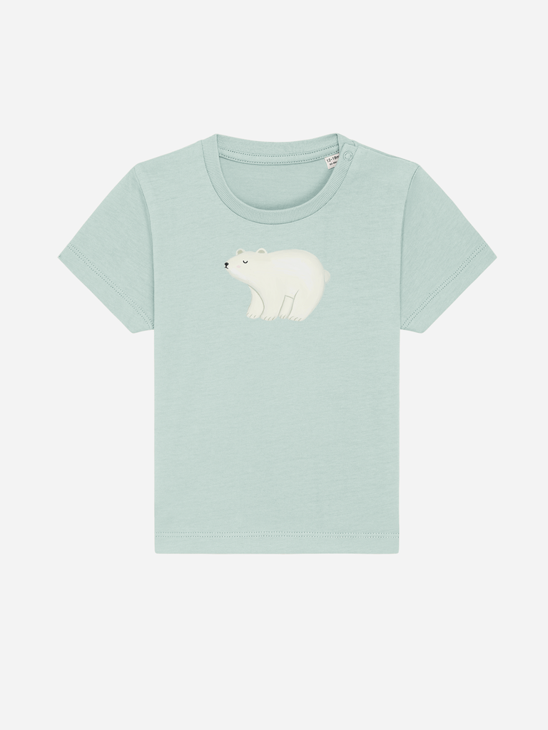 Personalisierbares Bio-T-Shirt für Kleinkinder mit niedlichem Eisbär-Motiv in Mintgrün.