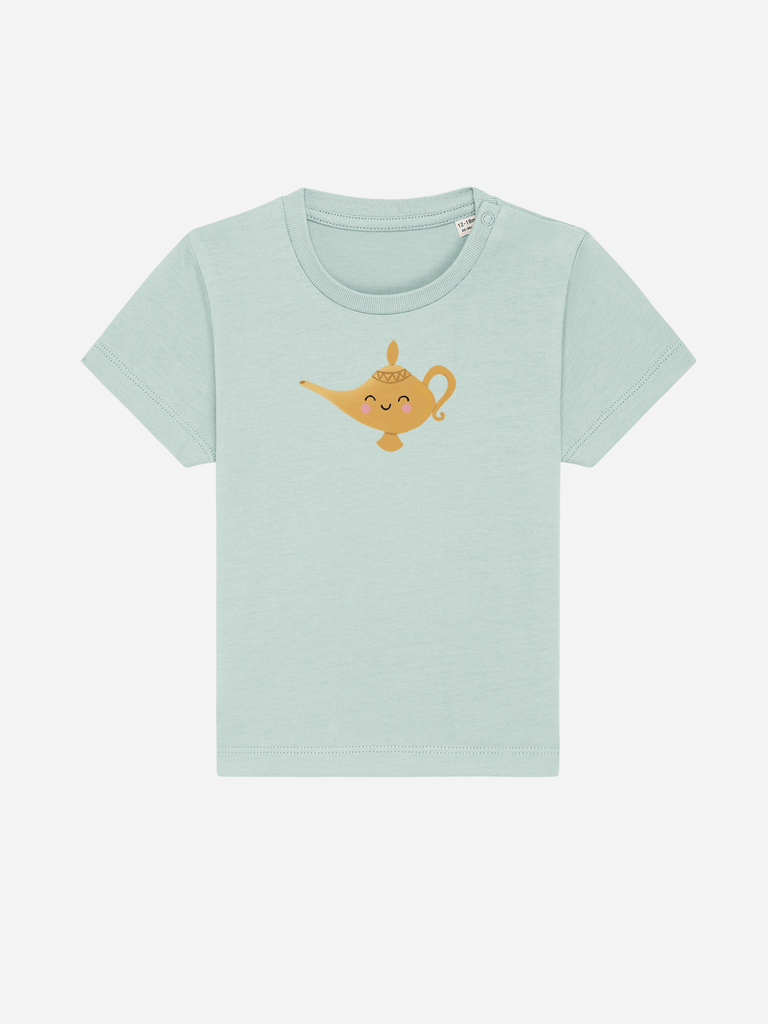 Personalisierbares hellblaues Bio-T-Shirt mit 'Wunderlampe'-Motiv für Babys 0–3 Jahre.