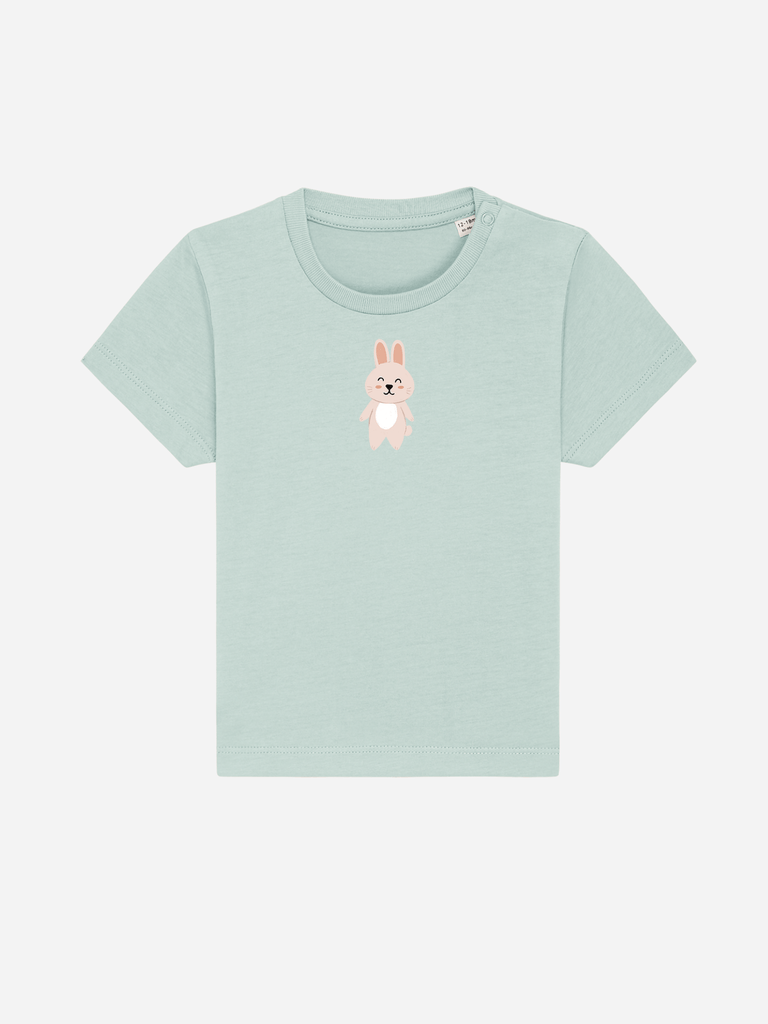 Personalisierbares Bio-T-Shirt für Kleinkinder in mintgrün mit einem niedlichen Hasenmotiv.
