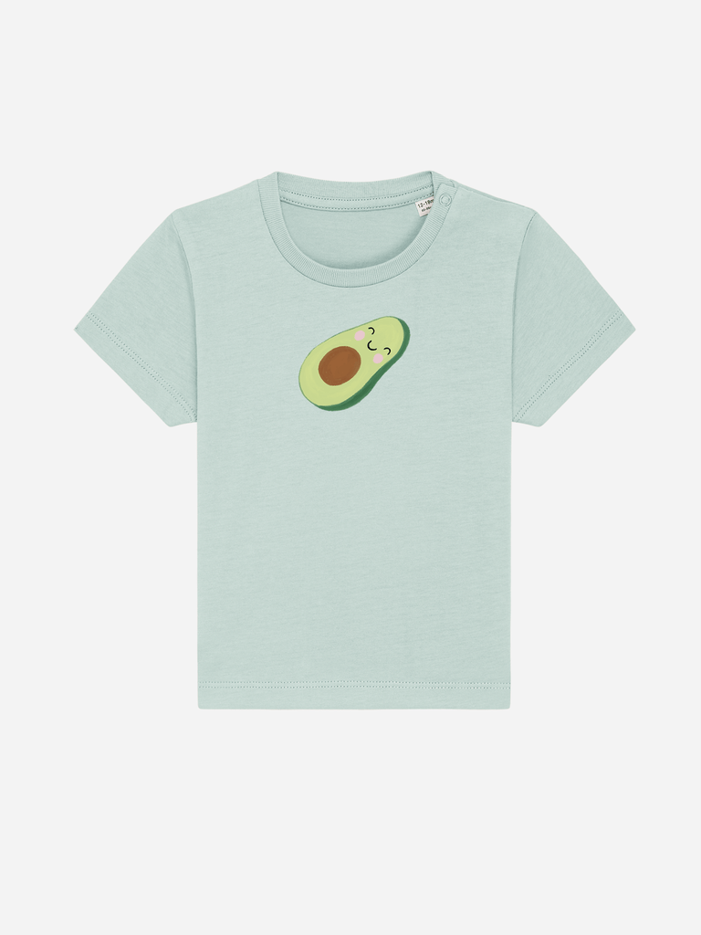 Personalisierbares Bio-T-Shirt für Babys in Mintgrün mit fröhlichem Avocado-Motiv.