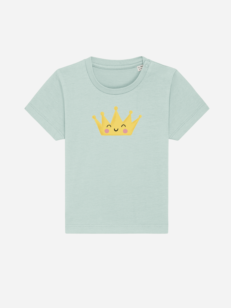 Personalisierbares Bio-T-Shirt für Kleinkinder mit einer gelben Krone auf mintgrünem Hintergrund.