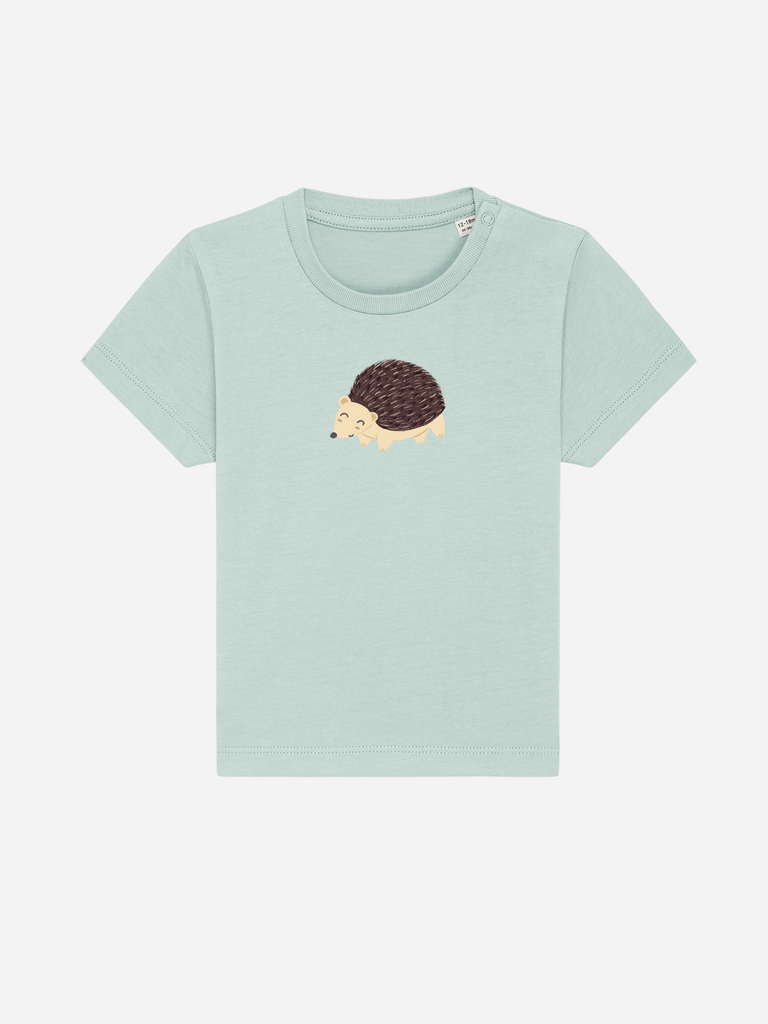 Personalisierbares Bio-T-Shirt für Kinder mit einem süßen Igel-Motiv, ideal als Babygeschenk.