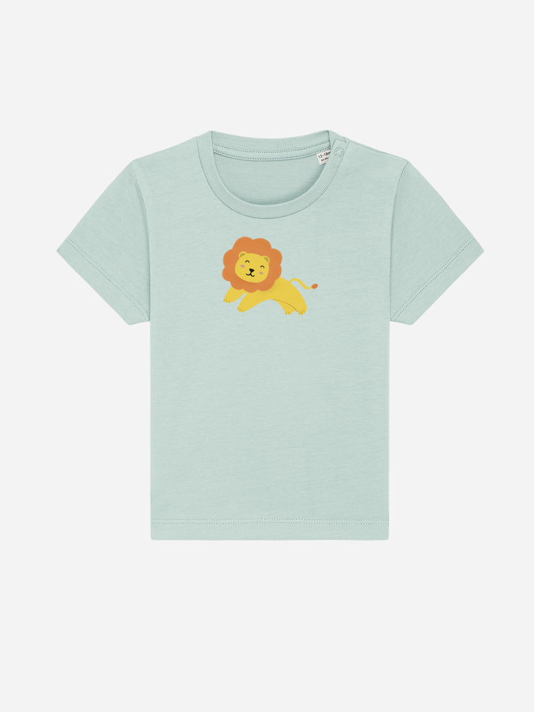 Personalisierbares Bio-T-Shirt für Babys in mint mit Löwen-Motiv, perfekt als individuelles Geschenk.
