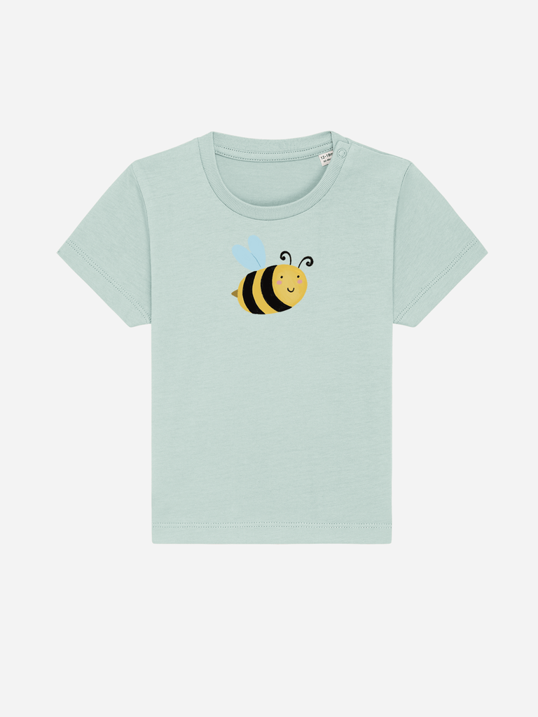 Personalisierbares Bio-T-Shirt (0–3 J.) 'Biene' mit fröhlichem Bienenmotiv in sanftem Grün.